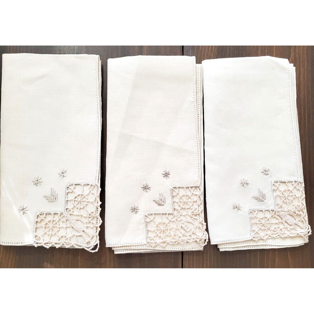 Vintage Linen Napkins 3 Beige Needle Lace Corner Insert Embroidery  16" Sq Stain